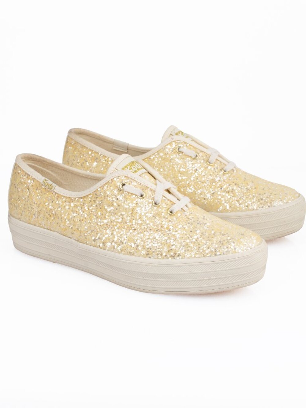 Keds Triple Kick Glitter Platform Sneakers Pale Gold Glitter Lace-Up Shoes W 8.5